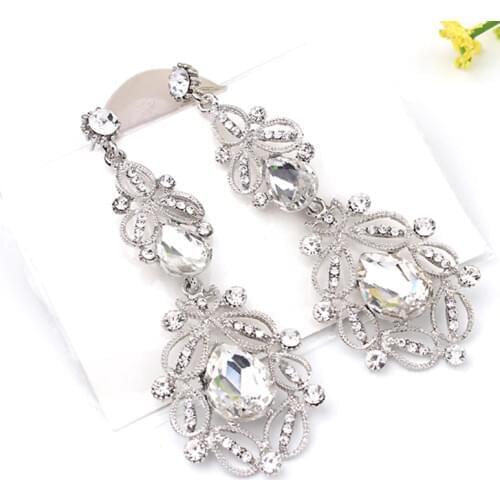 Fashion Big long Blue crystal drop earrings for women vintage flower silver Color bride Earrings wedding Jewelry accessories