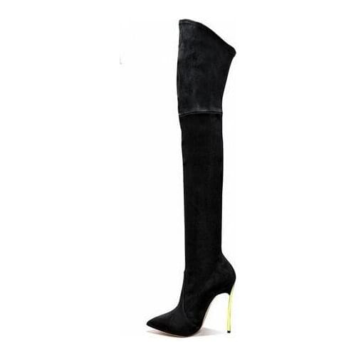 Sexy Women Black Suede Over The Knee Boots Pointed Toe Metal Heels Long Boots High-heeled Stretch Slim Thigh High Boots Size 43