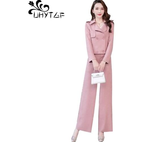 UHYTGF Women sports suit fashion Double-breasted spring autumn 2 piece set female casual short top+wide-leg pants set women 1411