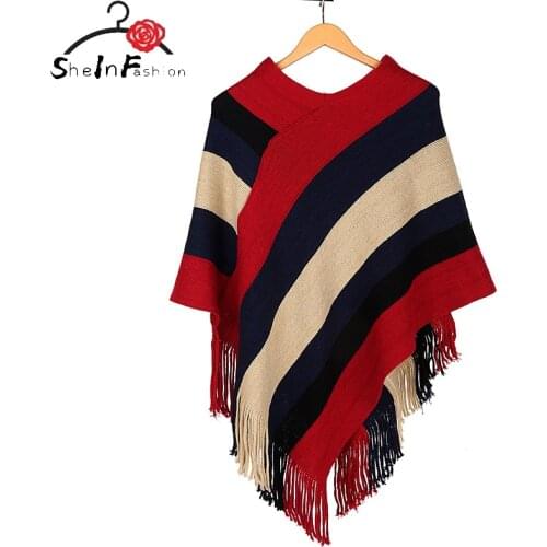 Pull Femme 2020 Autumn Winter Women Tassel Knitted Sweater Poncho Sexy Striped V Neck Irregular Hem Casual Loose Pullover Jumper