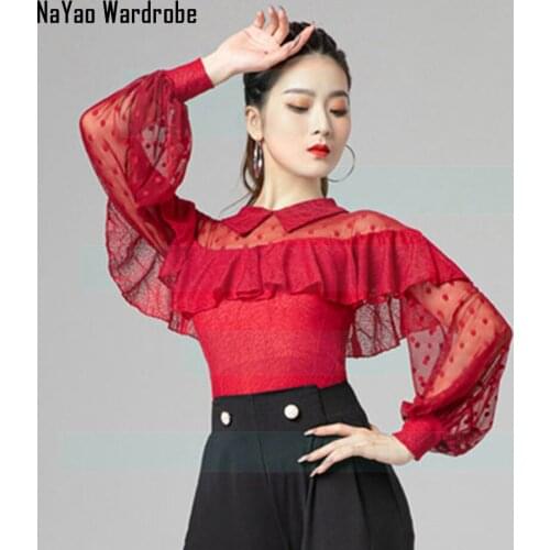 2021 New 6017 Lotus Bust Patchwork Female Latin Dance Bodysuit Women Performance Modern Dancing Tops Latino Dancewear