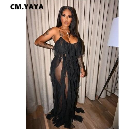 CM.YAYA Women Long Dress Solid Mesh See-through Sleeveless Strap O-neck Ruffles Maxi Dresses Sexy Fashion Streetwear Summer 2021