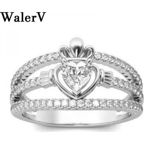 WalerV Ring Fashion Luxury Charm for Women Girl Rings Custom White Crystal Crown Shape AAA Zircon Wedding Fingers