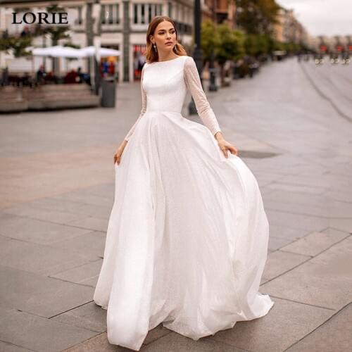 LORIE lLong Sleeve Wedding Dresses A Line Shiny Glitter Tulle Bridal Gowns Open Illusion Back Boho Wedding Gown Vestido De Novia