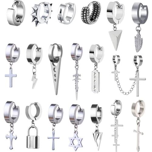 2021 Vintage Punk Stainless Steel Women Men Hoop Earrings Round Cross Gothic Hip Hop Ear Jewelry Accessories Earrings Wholesale