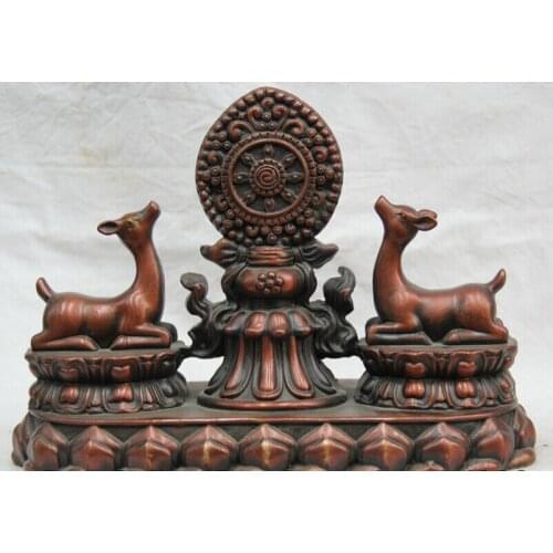 FREE SHIPPING S2030 10 Tibet Tibetan Bronze Buddhism Religion Two Deer 8 Auspicious Symbol Statue