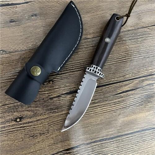 D2 Steel Fixed Blade Ebony Handle Small Pocket Knife Utility Tactical Knives Camping Survival Hunt EDC Self Defense Rescue Tool