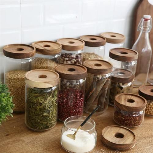 350/500/750/1000/1700ML Wooden Lid Storage Jar High Borosilicate Transparent Glass Storage Tank Food Grain Kitchen Container