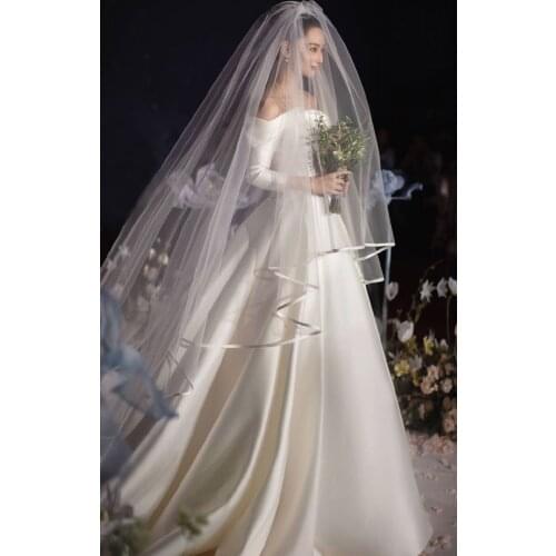 Ribbon Edge Wedding Veils Tulle Long Bridal Veil Two Layer Bridal Veil Long Bridal Party Veils Wedding Accessories