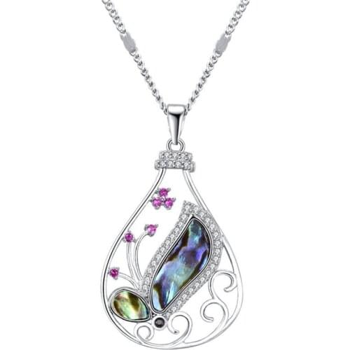 FYJS Unique Silver Plated Water Drop Abalone Shell Pendant Link Chain Necklace with Rhinestone Jewelry