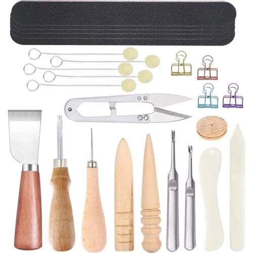 Imzay 26PCS Leather Edge Beveler With Skiving Tools, Cutting Knife, Edge Slicker Burnisher, Sanding Strip, Bone Folder, Clips