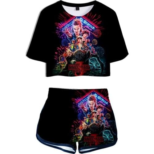 Women Set Stranger Things Dew Navel Short T-shirt Pants Print New Fashion Hot TV Series Stranger Things Season 3 Two Piece Sweet
