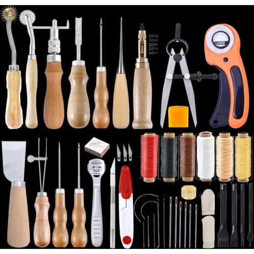 MIUSIE 53Pcs Beginners Leather Work with Awl Waxed Thread Leather Groover Awls Prong Punch and Other Tools for Leather Supplies