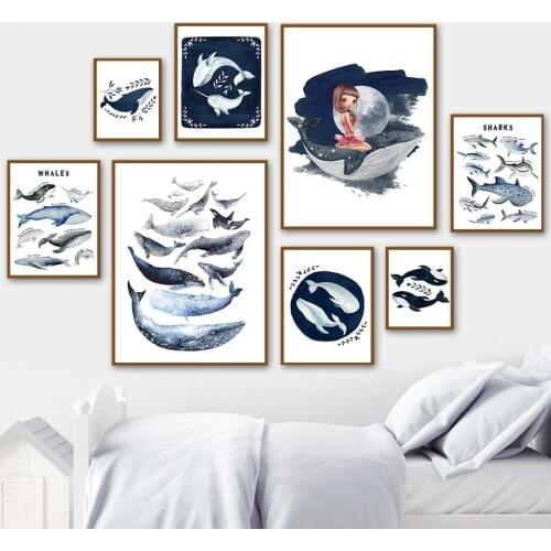 Nordic posters and prints childrens room decoration wall paintings marine animals blue whale dolphin mermaid wall art paintings