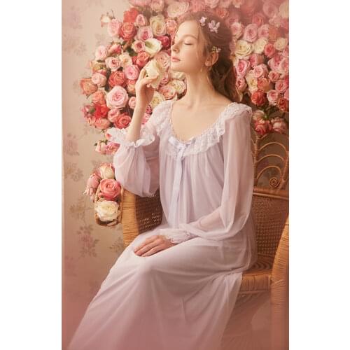 Princess Nightgown Women summer Long-sleeved Sleepwear Retro Translucent Lace Sress Sexy Ice Silk Nightwear Plus Size