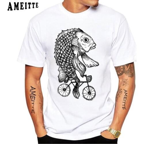 Newest Summer Mens Fish Ride Bike Print T-Shirt Funny Shark Animals Riding A Bicycle Design Hipster Tops White Tee Clothes