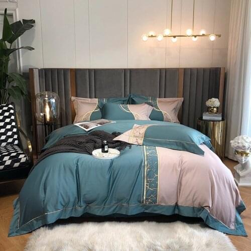 Cool feeling ice silk embroidery four-piece color matching quilt cover simple single double wash day silky summer bedding blue