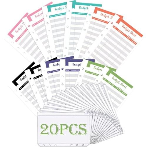 A6 6 Holes Clear Poly Zipper Binder Pockets Waterproof PVC Pouch with 12PCS Budget Sheets Expense Trackers for Budget Planners
