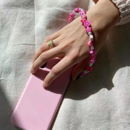 Smiley Beaded Anti-lost Phone Charm Chain Rainbow Soft Ceramic Lanyard Strap Mobile for Girls Phone Choker Keys String