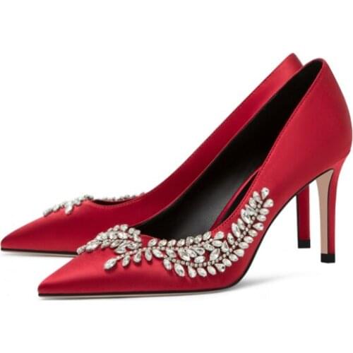 Silk pointed bridal wedding shoes spring 2021new rhinestone banquet dress single shoes small size shallow mouth high heels women