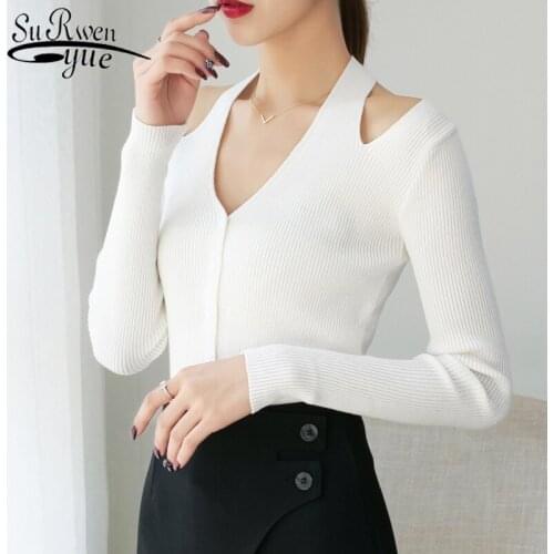 Autumn ad winter women sweater 2021 long sleeve solid V-neck black sweater ladies tops Pullovers knit sweater women tops 6667 50