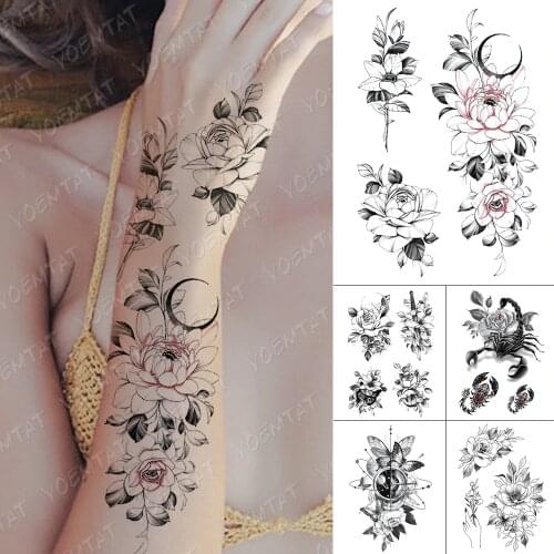 Waterproof Temporary Tattoo Stickers Peony Rose Flower Moon Flash Tattoos Female Minimalist Scorpion Universe Body Art Fake Tato