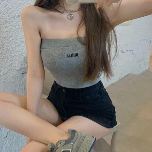 WOMENGAGA New Korean Letter Short Strapless Tops Summer Sexy Slim Off Shoulder Screw Thread Stretch Women Tube Top QQ0R