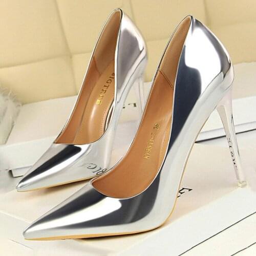 Woman Pumps Asakuchi Patent Leather Pointed High Heels Shoes Basic Wedding Shoes Female Stiletto Heel Plus Size 43