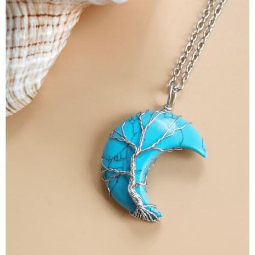 Vintage Moon Stone Necklace Tree of Life Copper Wire Pendant Lady Fantasy Crystal Pendant Necklace Charm Jewelry Holiday Gift