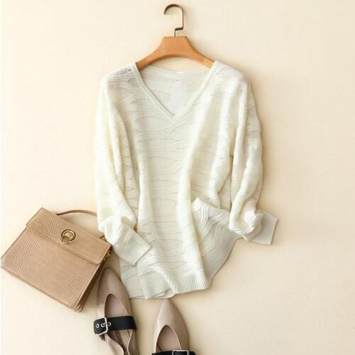 High quality 100% cashmere sweater women v neck loose style knitted pullovers white long sleeve autumn winter casual jumper