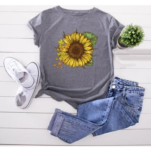 Women Casual Sunflower Print Round Neck Blouse Short Sleeve Loose Tops T-shirt 2021 Female T-shirt,Drop Ship