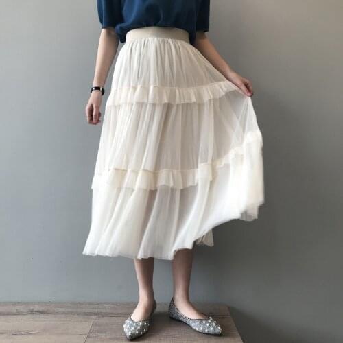 2020 Summer High Waist Skirts Vintage Women Ruffles White Mesh Long Skirt Faldas Jupe Femme Saia
