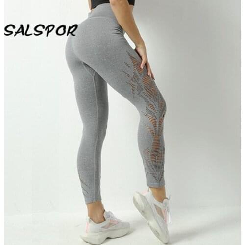 SALSPOR Hollow Out Gym Leggings Women Workout Sexy Fitness Legging Push Up Active Tights Woman Pants Running Elastic Quick Dry