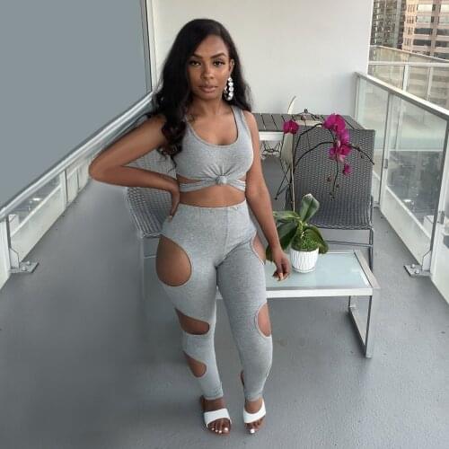 Sexy Two Piece Set Casual Hollow Out Vest Cut Out Fitness Pant Women Summer Tracksuit Biker Club Streetwear Matching Set