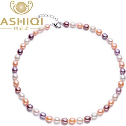 ASHIQI Natural Pearl Necklace Freshwater Pearls for women with 7-8mm colourful pearl Jewelry wedding gift 925 silver clasp