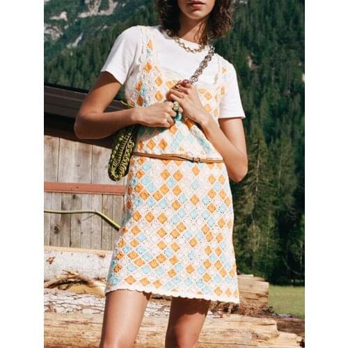 ZA sling dress 2021 summer new womens sweet and fresh hollow embroidery color matching crochet mini knitted dress