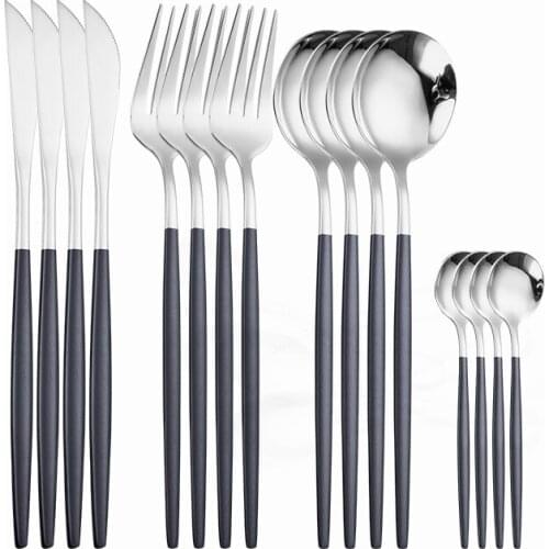 Kitchen Tableware Set Stainless Steel Black Gold Dinnerware Set Fork Spoons Knives Cutlery Set Silver Western Cutlery 16 Pieces