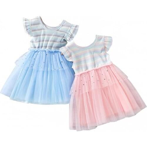 2021 New Kids Dresses for Girls Short Sleeve Dress Sequined Party Costume Fairy Summer Puffy Cake Dress Children Lace Clothing