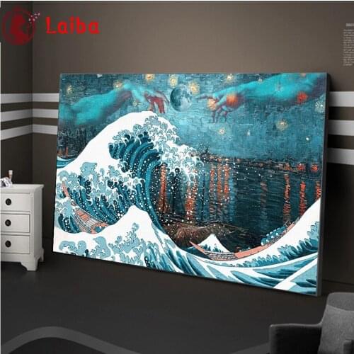 Diamond Embroidery Famous art Great Wave Kanagawa Full Square round Diamond Mosaic Art Painting Cross Stitch Wall Decor