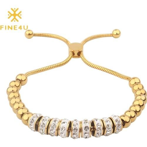 FINE4U B243 Stainless Steel Adjustable Snake Chain Bracelet For Women Luxury Cubic Zirconia Bracelet Beads Jewelry