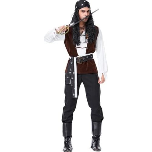 Deluxe Men Skull Pirate Costume Halloween Wild Adult Captain Cosplay Clothing