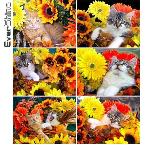 Evershine 5D DIY Diamond Embroidery Cat Cross Stitch Kit Diamond Painting Animals Diamond Mosaic Sunflower Home Decorations