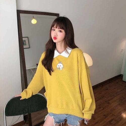 Kawaii Clothing Aesthetic Sweatshirt Women Oversize Harajuku Rabbit Print Top Women Tops and Bloues Cotton Lapel Fashion Tops