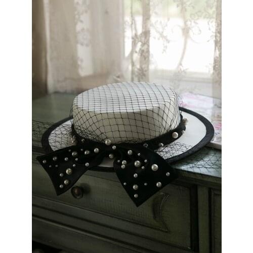 Classic Women White Satin Flat Fedora Hat Pearl Bow Wedding Hat Elegant Ladies Cocktail Party Church Hat Face Veil Headdress