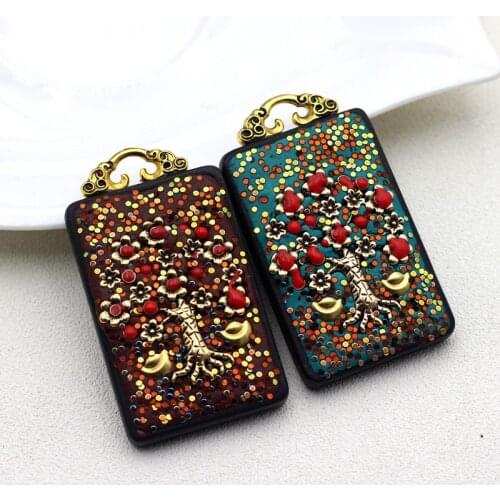 Red Blue Fortune Tree Wish Tree Charms Pendant With Clay Beads Gold Color Ingot Auspicious Lucky Reiki DIY Jewelry Findings