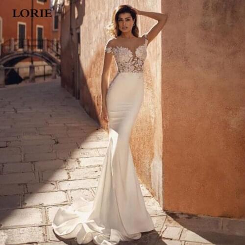 LORIE Sexy Mermaid Wedding Dresses Satin Cap Sleeve Appliqued Lace Bride Dresses 2021Romantic Buttons Back Wedding Party Gowns