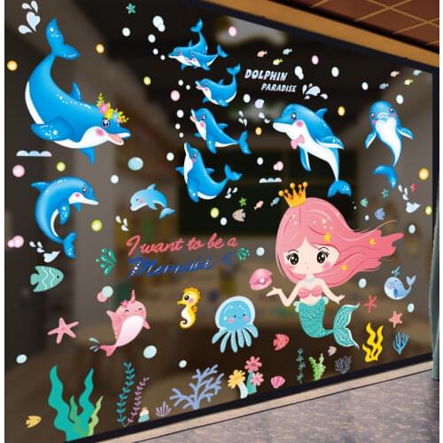 [SHIJUEHEZI] Girl Mermaid Wall Stickers DIY Dolphin Animals Wall Decals for Kids Room Baby Bedroom Nursery Home Decoration