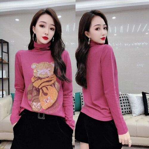 Autumn and Winter New European Goods Bear Hot Diamond Bottoming Shirt Female Temperament Ladies Style High-neck T-shirt Inside