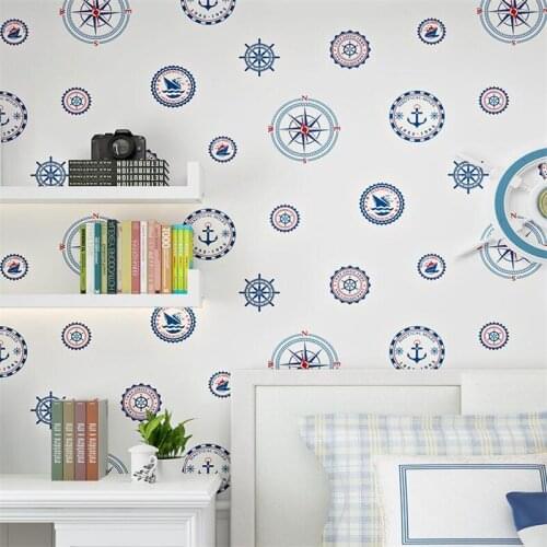 Beibehang Mediterranean childrens room wallpaper boy bedroom background wall nonwoven sailboat blue circle cartoon 3d wallpaper