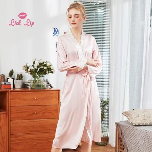 Lick Lip Wholesale Summer Satin Bathrobe Women White Lace Floral Edge Gown Robe Full Sleeve Mid-Calf Nightwear Ladies SWC5838-47